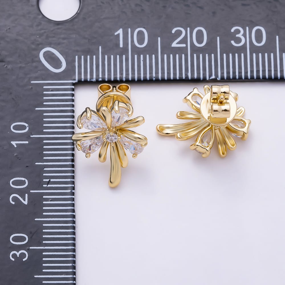 16K Gold Filled 16mm Teardrop CZ Ribbon Flower Stud Earrings | Earrings-01038 - Earrings-01039