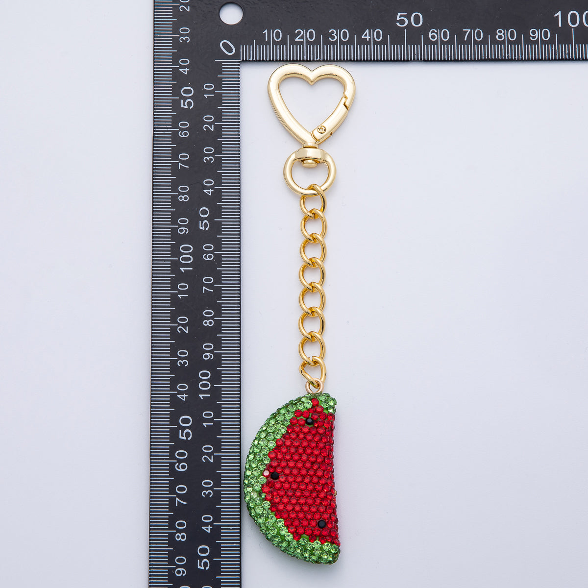 18K Gold Filled Watermelon Bedazzled Bag Charm Heart Push Gate Keychain Accessories | WB-00239