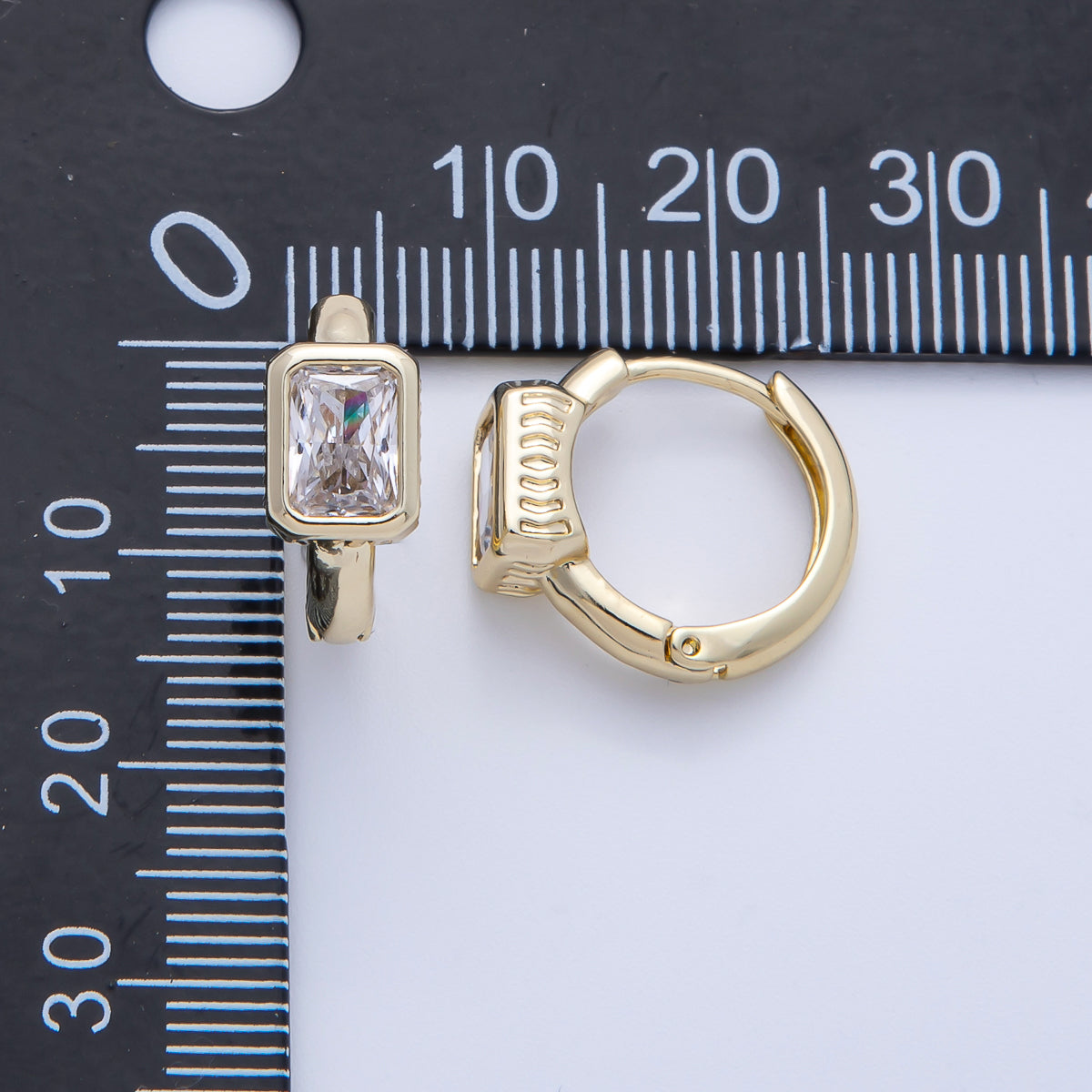 14K Gold Filled 15mm Clear Baguette CZ Bezel Huggie Earrings | Earrings-00104