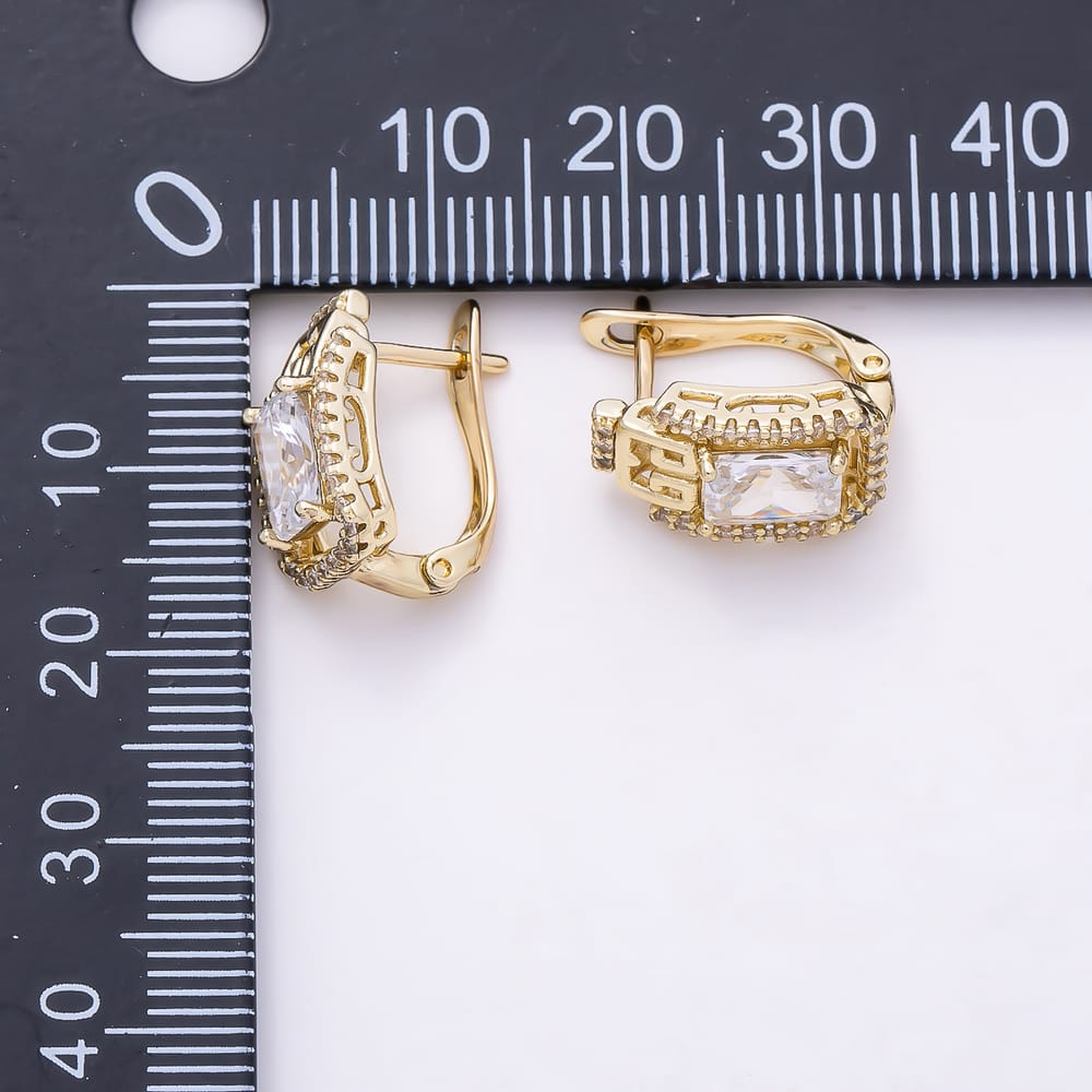 14K Gold Filled 15mm Baguette Micro Paved CZ Geometric English Lock Hoop Earrings | Earrings-01207