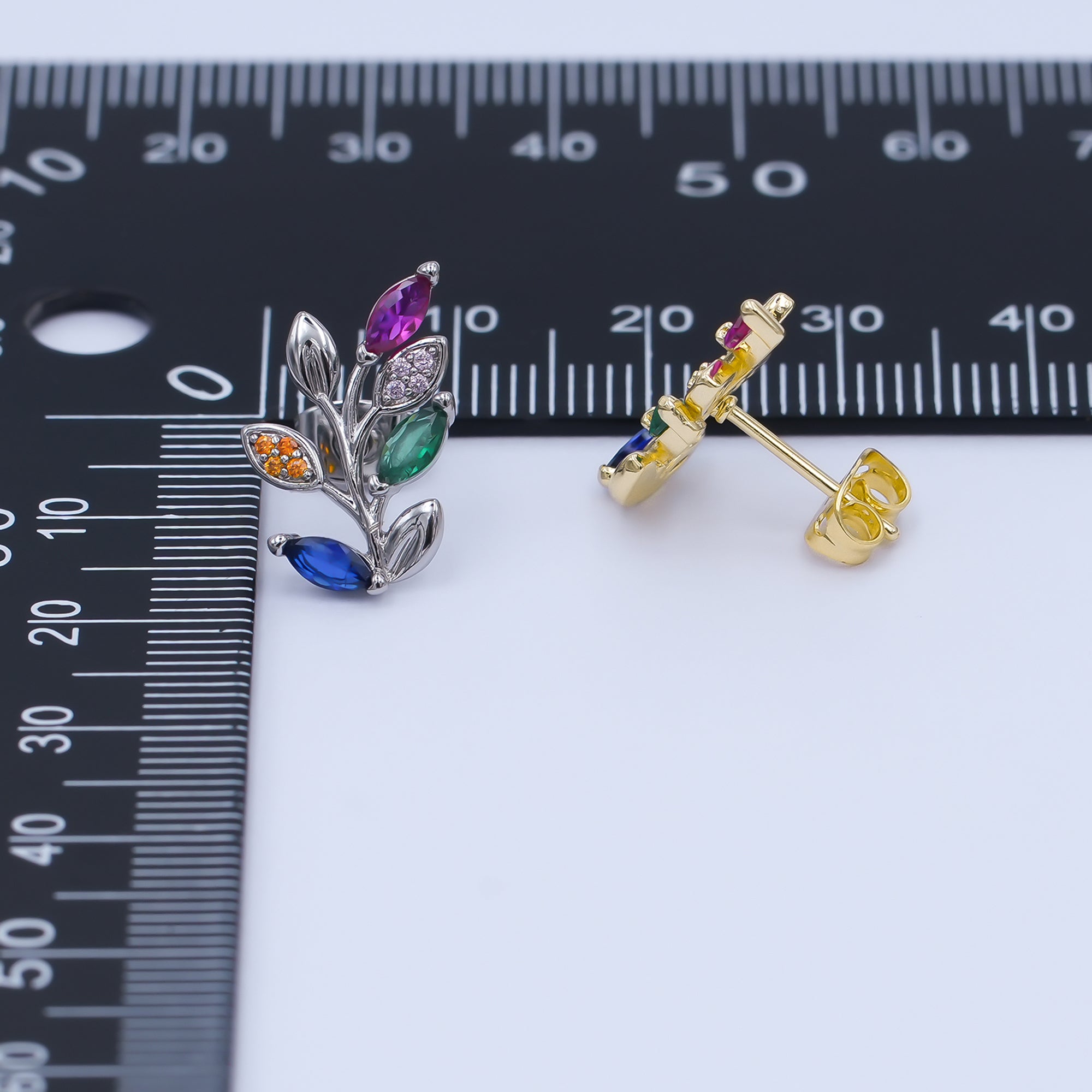 24K Gold Filled Multicolor Micro Paved CZ Leaf Stud Earrings in Gold & Silver | AI543 AI473