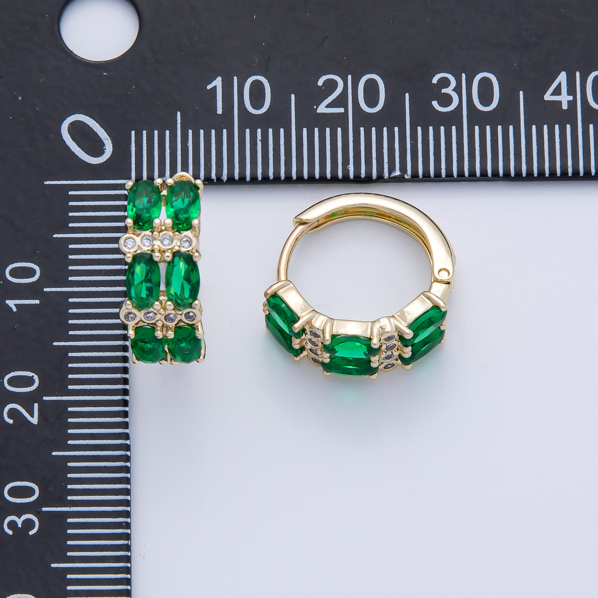 14K Gold Filled 16mm Green CZ Double Oval Huggie Earrings | Earrings-00092