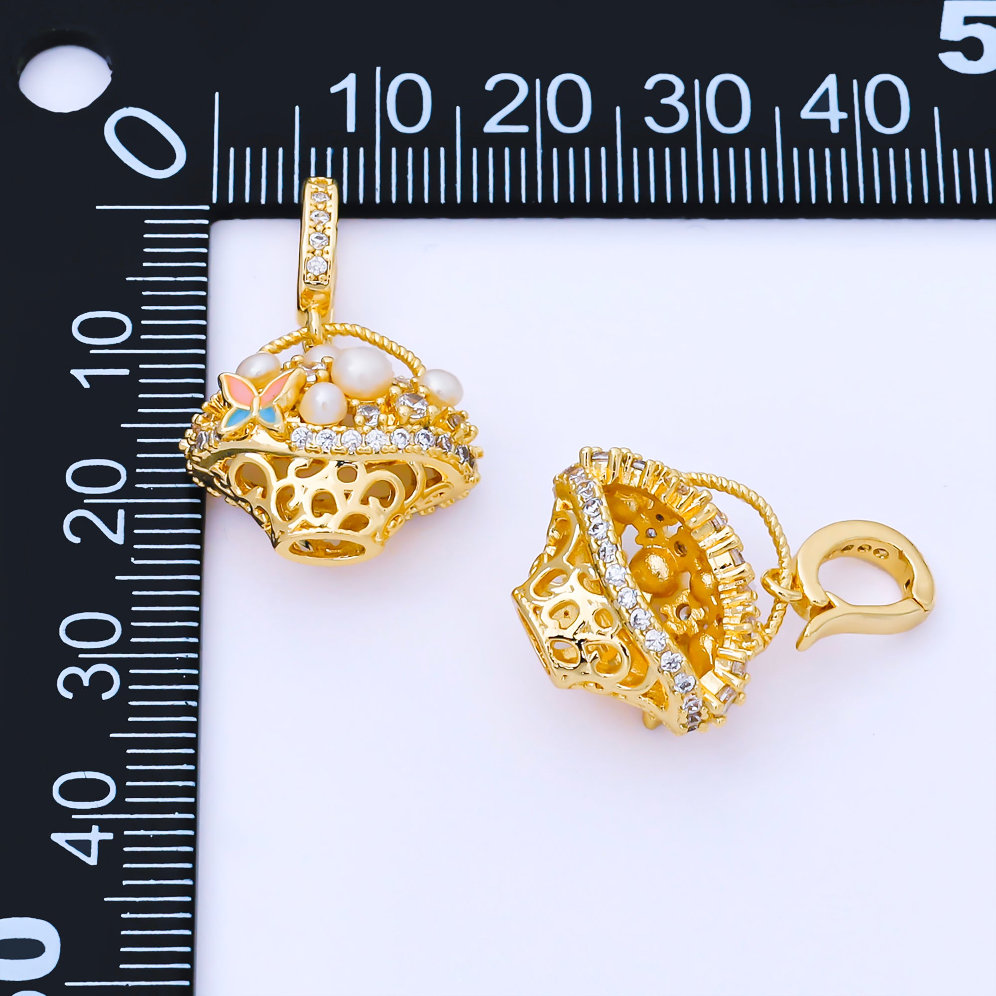 24K Gold Filled 16mm Micro Paved CZ Shell Pearl Picnic Basket Pendant | AA1654