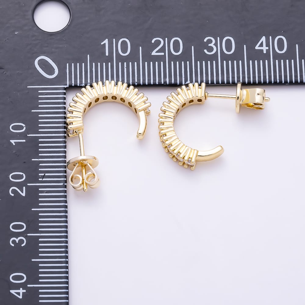16K Gold Filled 16mm Clear CZ Oval Lined C-Shaped Hoop Earrings | Earrings-01094