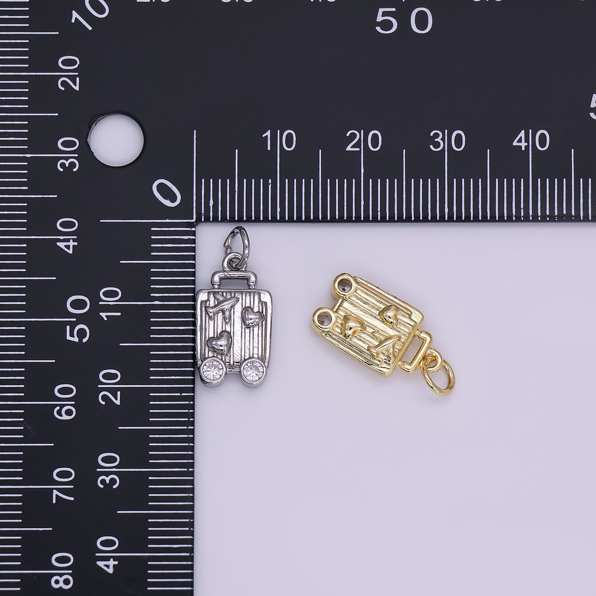 24K Gold Filled 16mm Round CZ Baggage Love to Travel Heart & Plane Charm in Gold & Silver | AJ-343