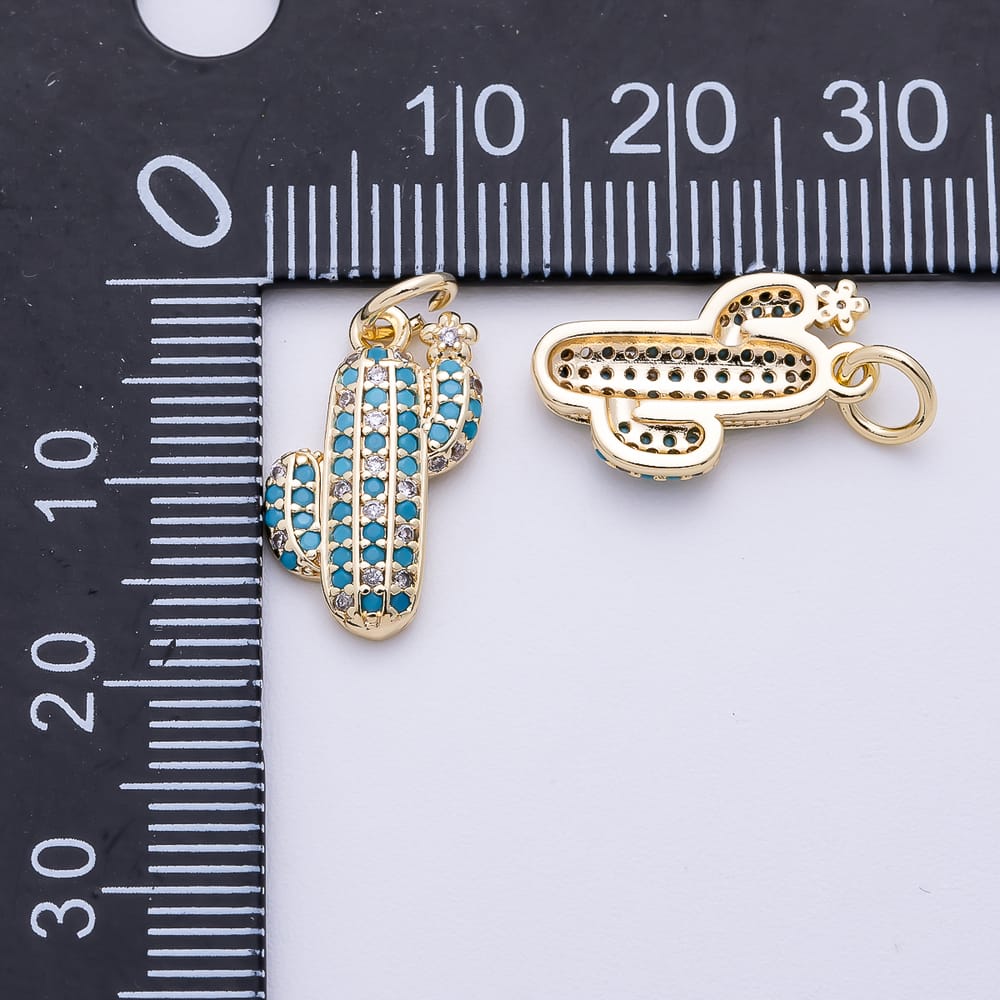 16K Gold Filled 16mm Turquoise Micro Paved Cactus Plant Charm in Gold & Silver | Charms-02473 Charms-02474