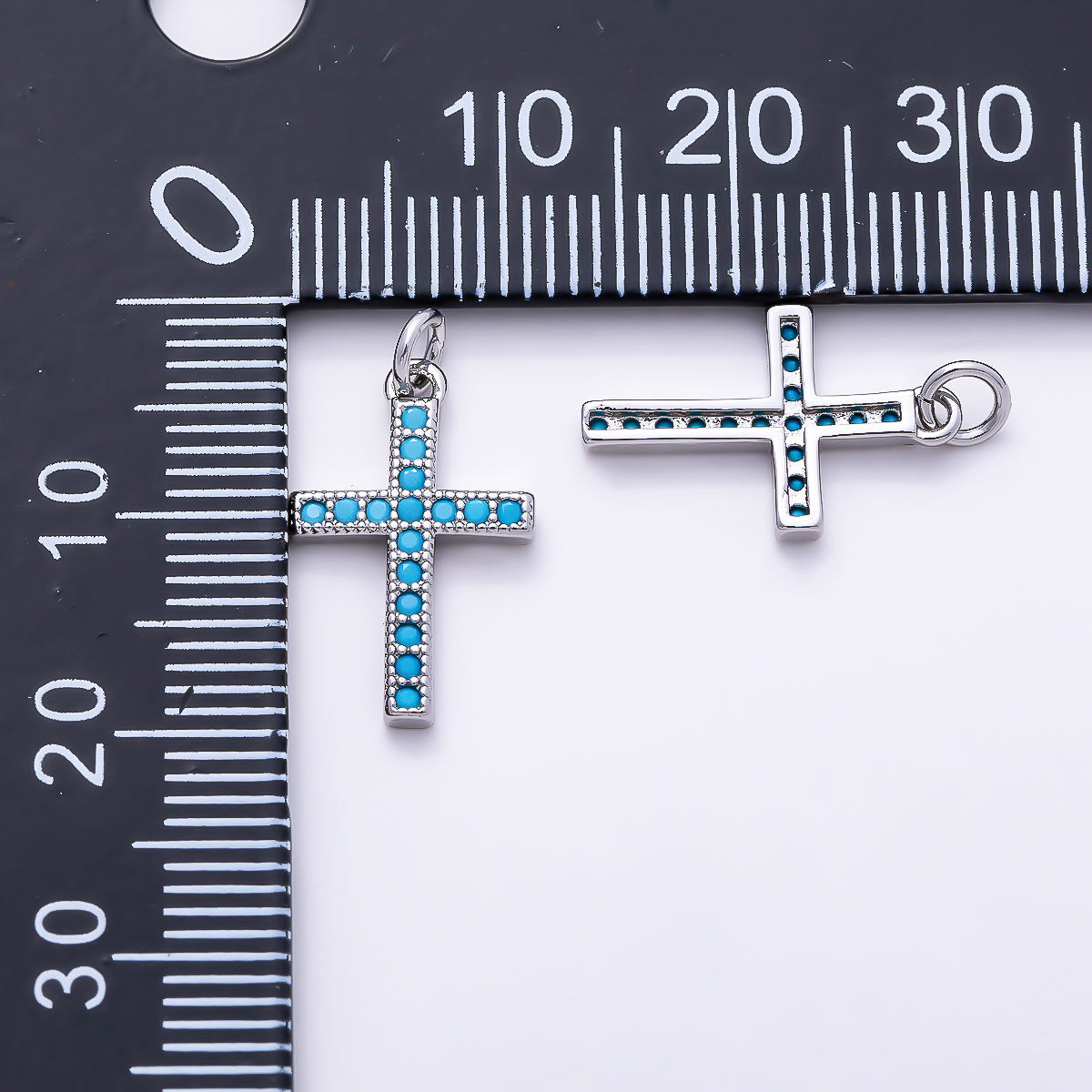 Silver 16mm Turquoise Micro Paved Religious Cross Charm | Charms-01521