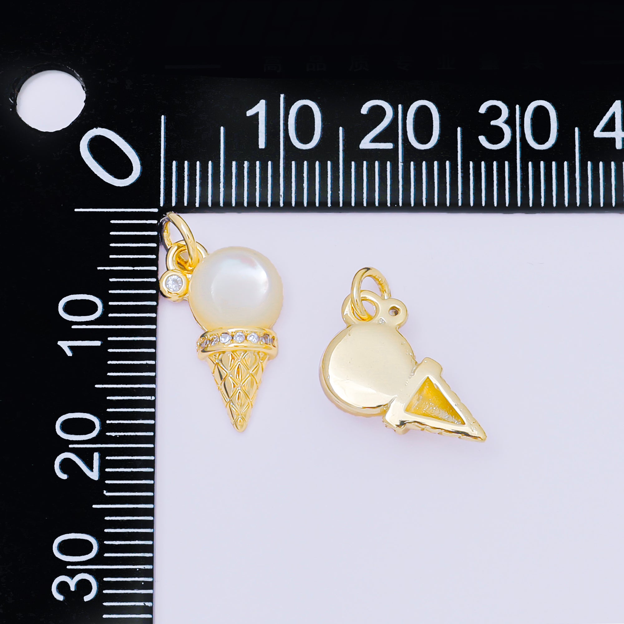 24K Gold Filled 16mm Micro Paved CZ Sweet Ice Cream Shell Pearl Charm | M912