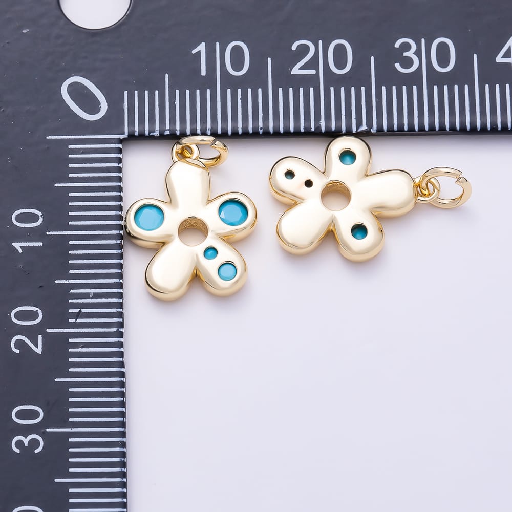 16K Gold Filled 16mm Clear and Turquoise Beaded CZ Minimalist Puffed Flower Charm | Charms-02123 - Charms-02126
