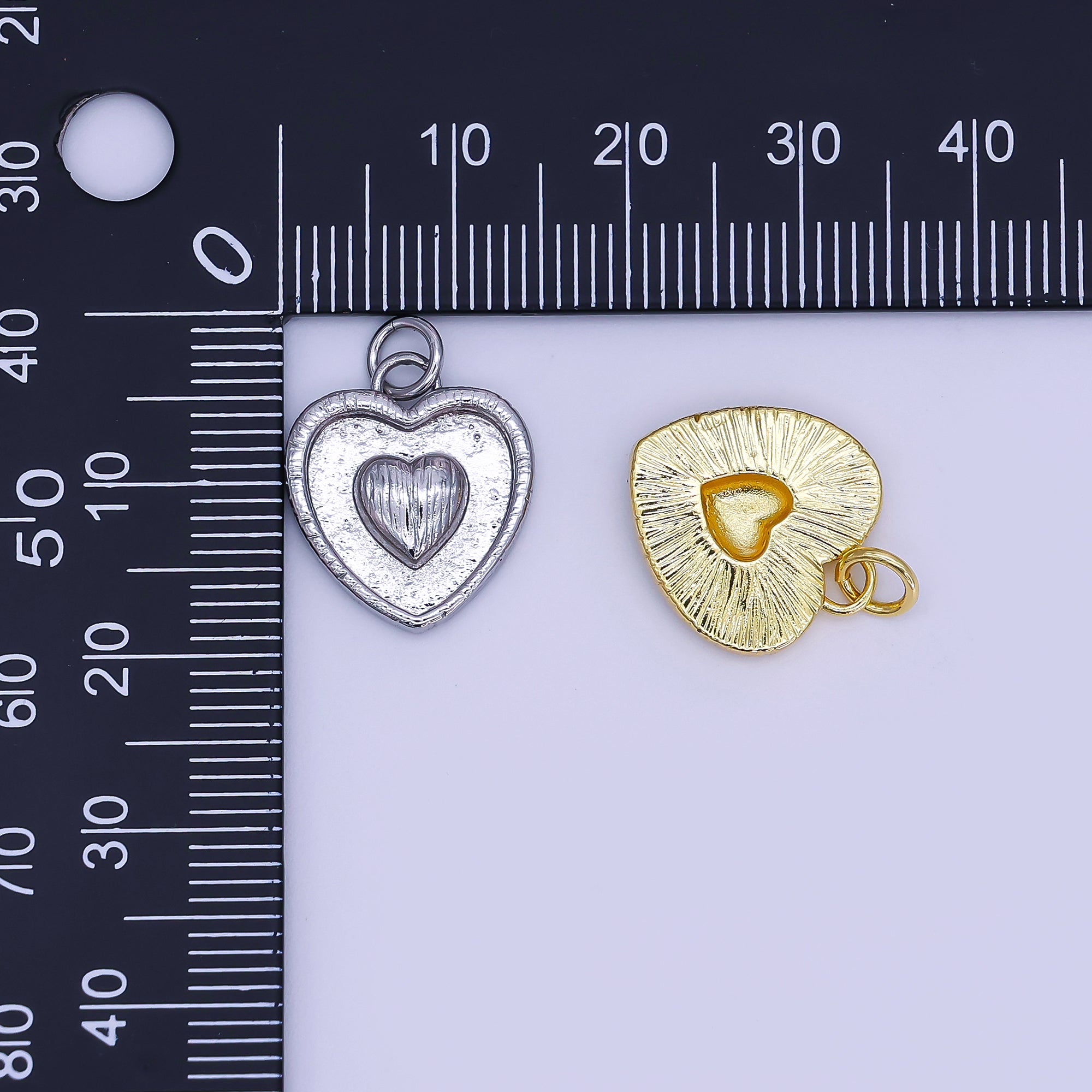 24K Gold Filled Double Sided Textured Sunburst Heart Outline Charm in Gold & Silver | AJ291