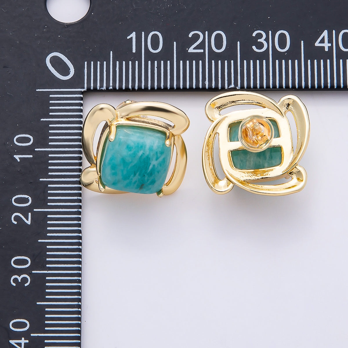 16K Gold Filled 18mm Green Amazonite Natural Gemstone Flower Stud Earrings | Earrings-00366