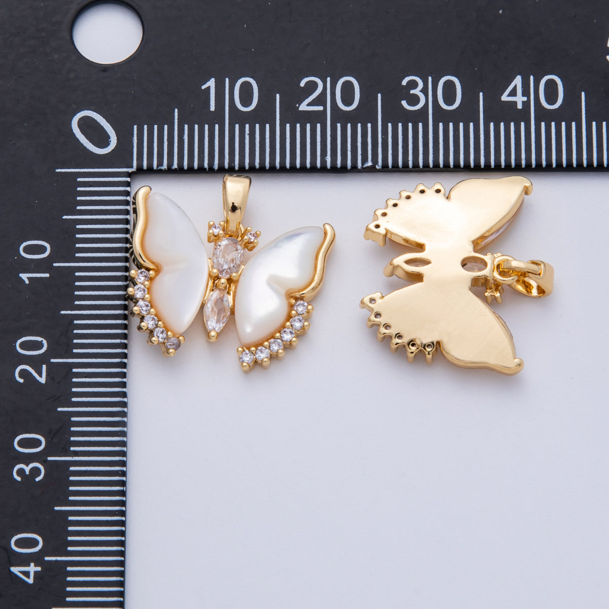 18K Gold Filled 20mm Clear Multi Cut CZ Mother of Pearl Butterfly Mariposa Wing Animal Pendant | CHARMS-00152