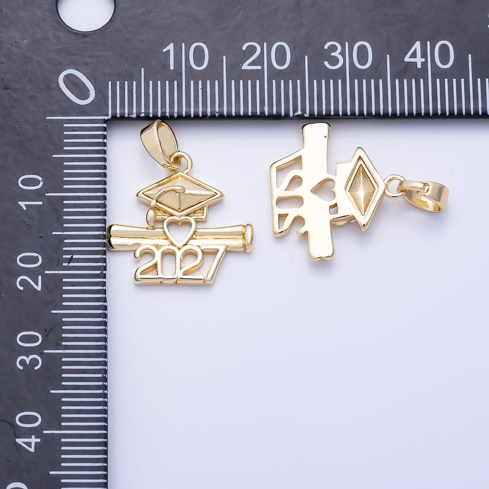 16K Gold Filled 18mm 2027 Graduation Cap Diploma Scroll Open Heart Pendant in Gold & Silver | Charms-02479 Charms-02480