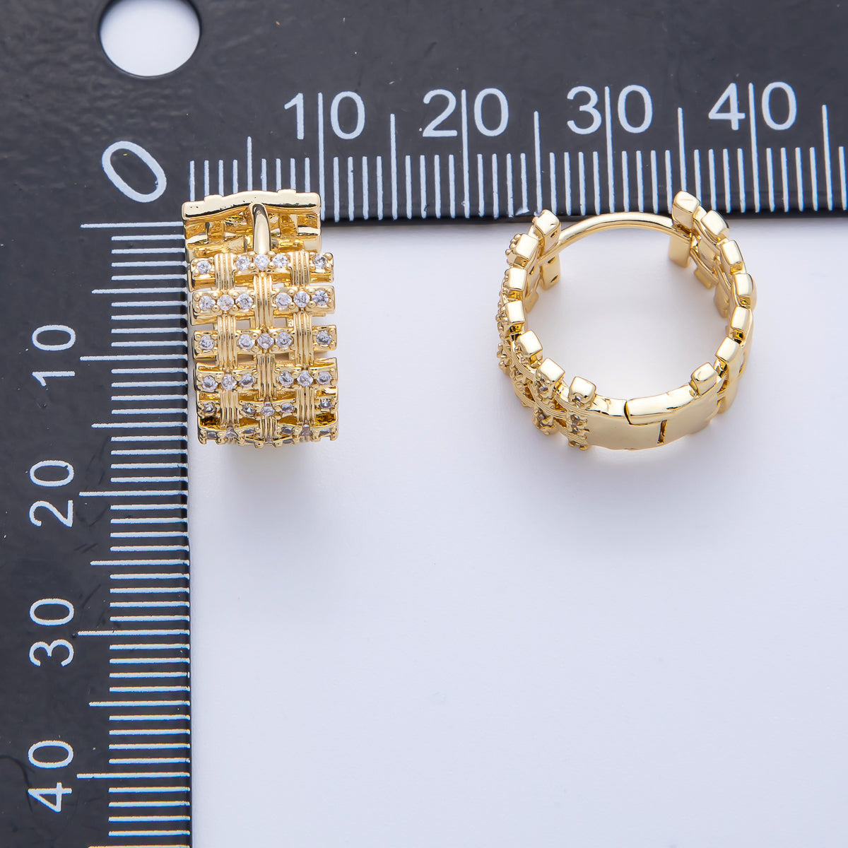 14K Gold Filled 16.5mm Micro Paved CZ Woven Ribbed Huggie Earring in Gold & Silver | Earr-020005 Earr-020006