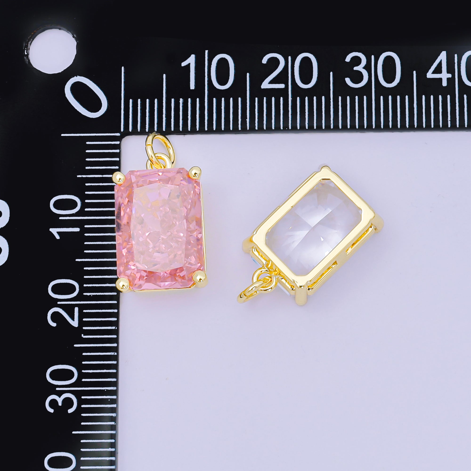 24K Gold Filled 16.5mm Clear & Pink Rectangular CZ Dainty Minimalist Charm | D-397