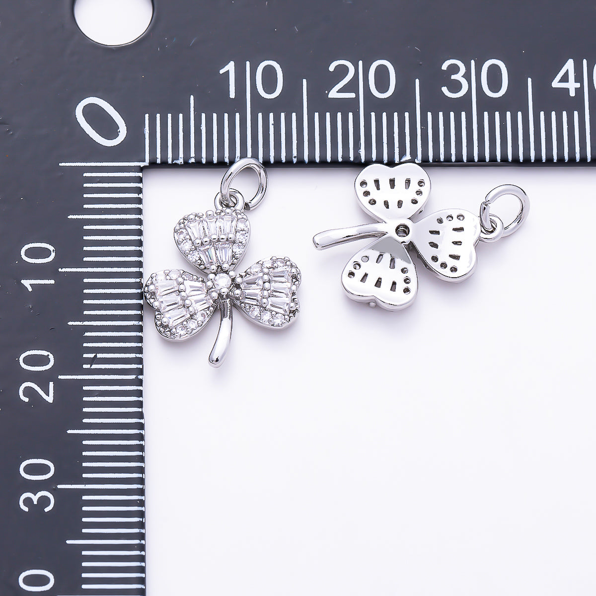 Silver 16.5mm Clear CZ Baguette Micro Paved Clover Plant Charm | Charms-01522