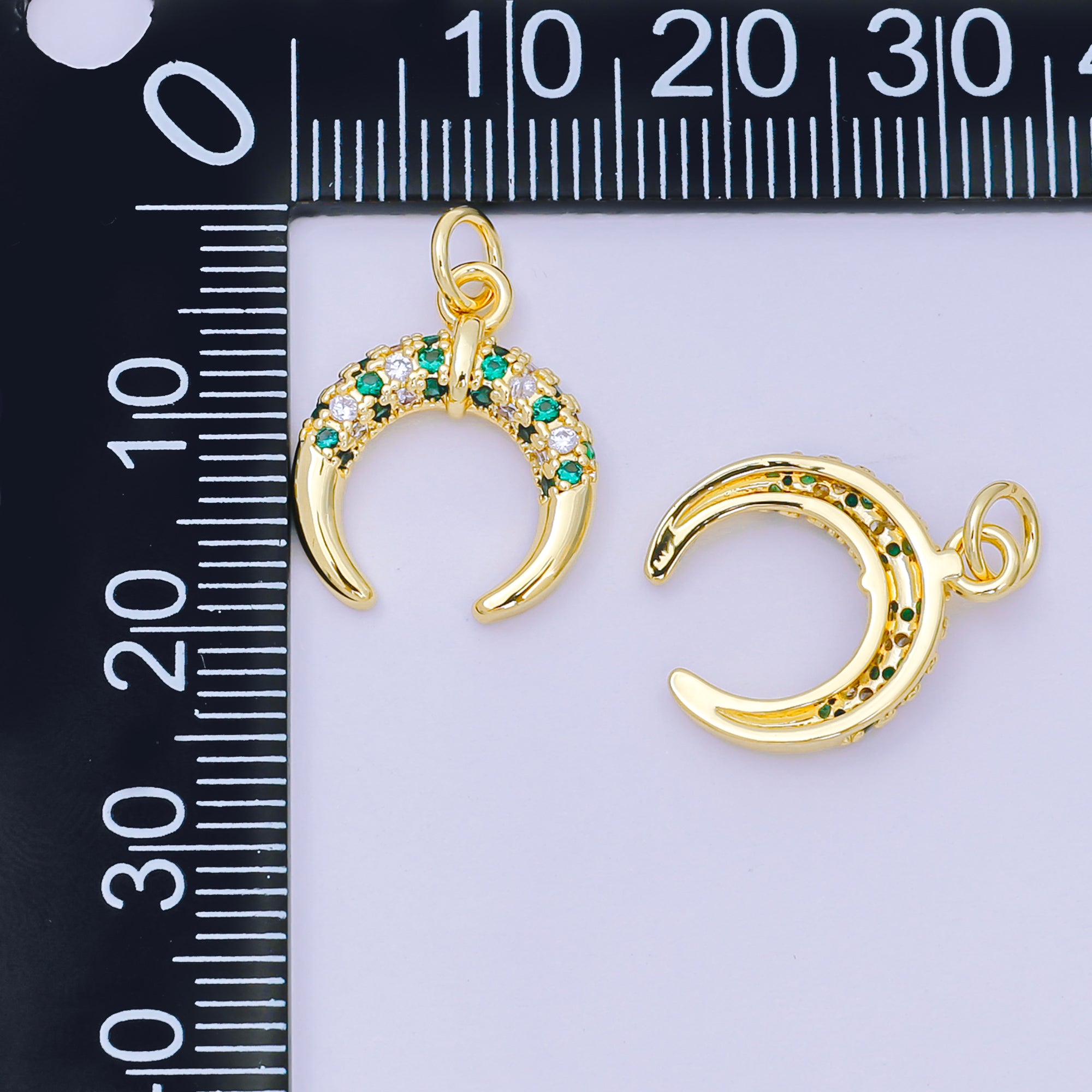 24K Gold Filled 15mm Green & Clear Micro Paved CZ Crescent Celestial Moon Charm | AH-682