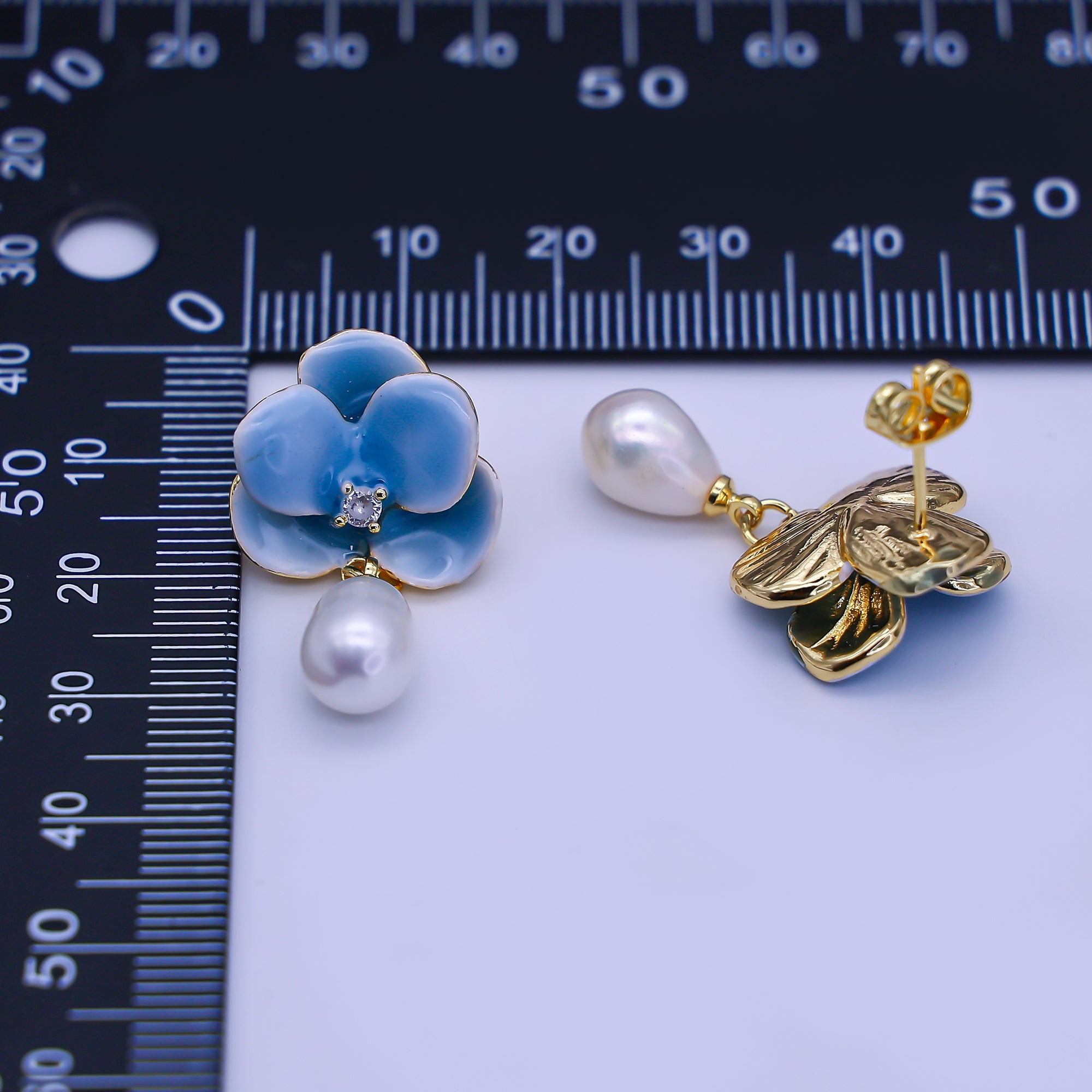 24K Gold Filled Round CZ Enamel Art Sky Blue Orchid Flower Shell Pearl Drop Stud Earrings in Gold & Silver | AJ-106 AJ-107