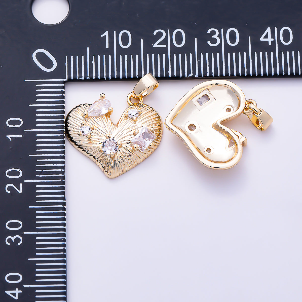 16K Gold Filled 18mm Multi-Cut Clear CZ Sunburst Textured Heart Pendant | Charms-02059