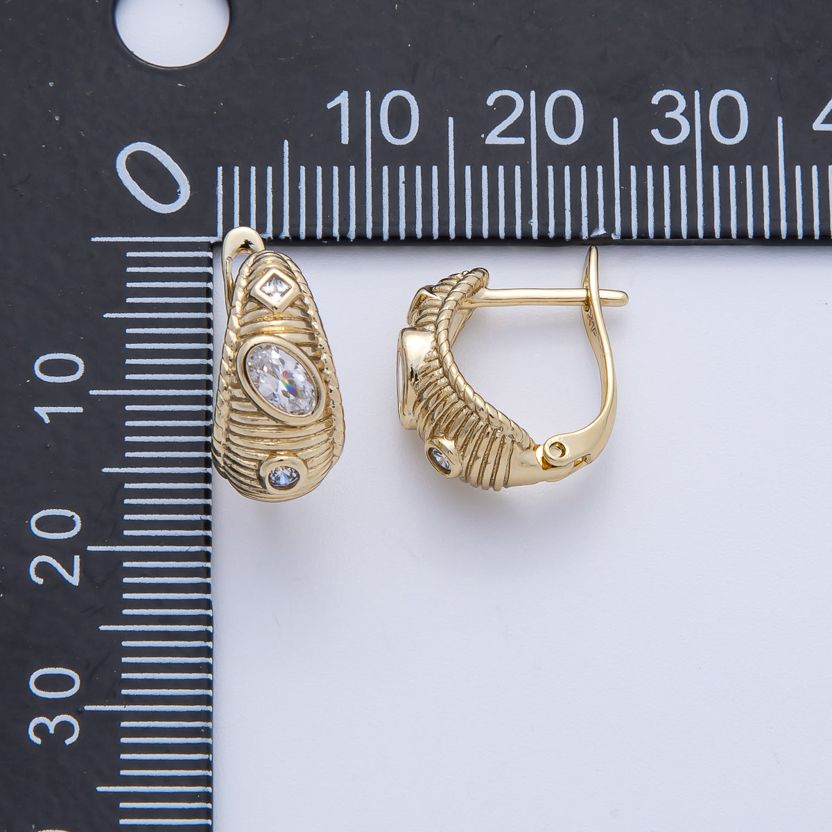 14K Gold Filled 16.5mm Geometric CZ Ribbed Dome English Lock Earrings | Earrings-00100