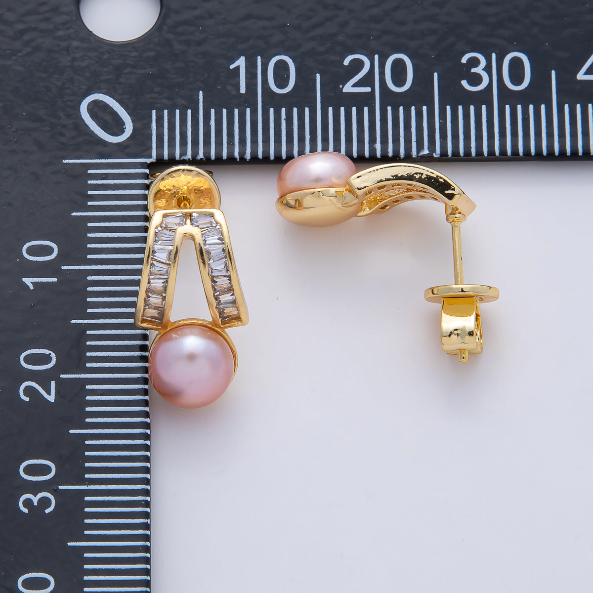 18K Gold Filled Clear CZ White and Pink Shell Pearl Geometric Baguette Upside Down V Shaped Stud Earrings | AD1640 AD1641