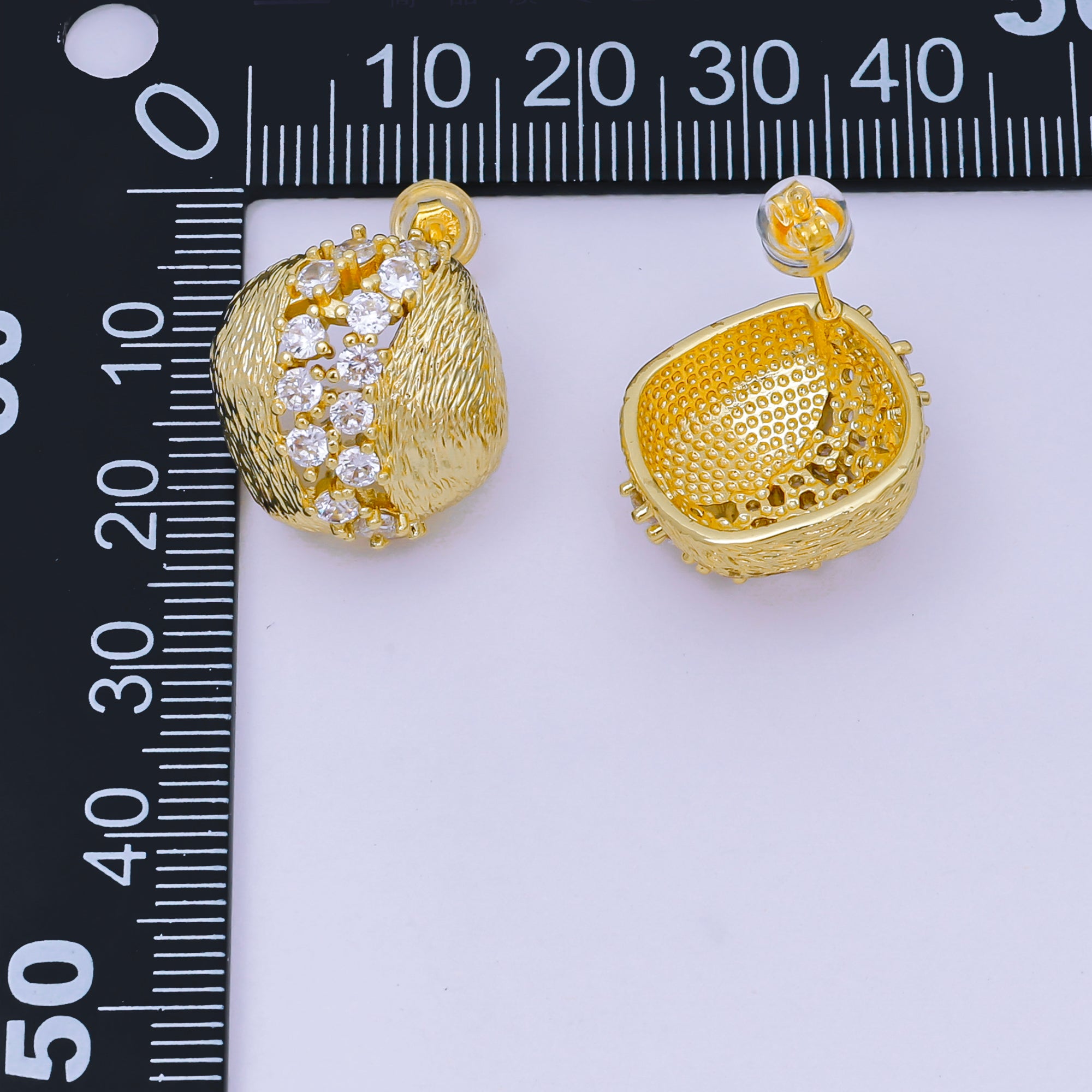 24K Gold Filled 17mm Clear CZ Cluster Textured Rhombus Stud Earrings | AI459