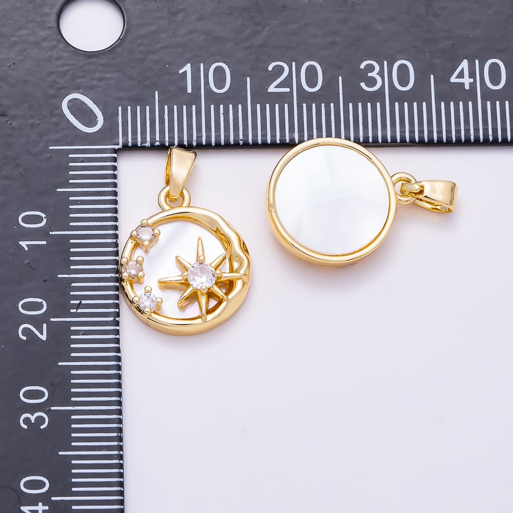 16K Gold Filled 17mm Clear CZ Celestial Compass Star Mother of Pearl Pendant | Charms-02217