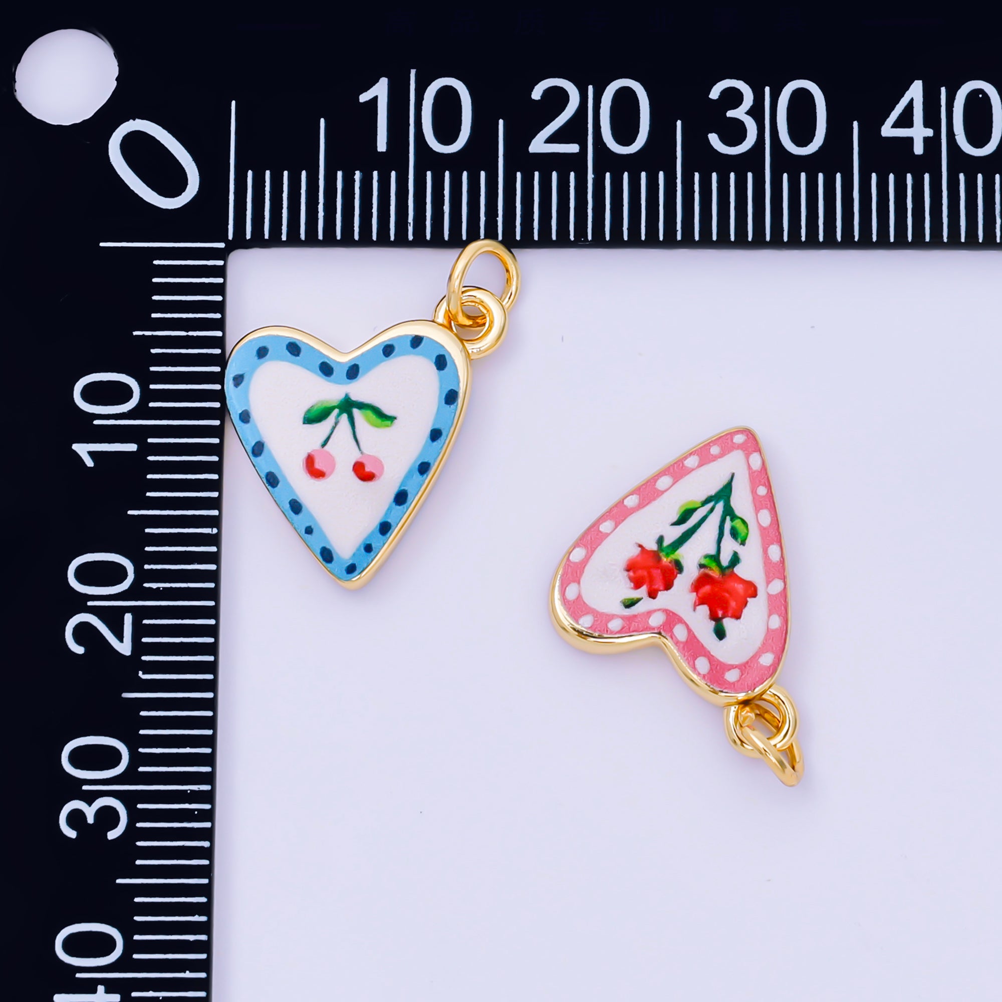 24K Gold Filled 17mm Rose, Cherry Enamel Heart Charm | AJ516 AJ524