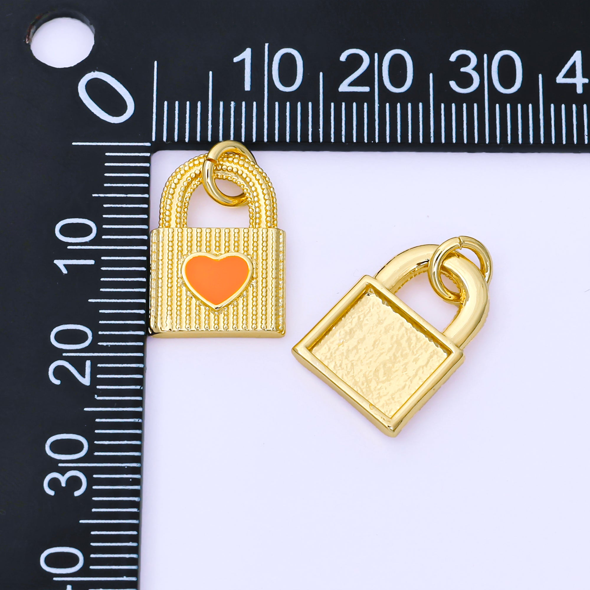 24K Gold Filled 17mm Handpainted Orange Enamel Heart Padlock Charm | AF1505