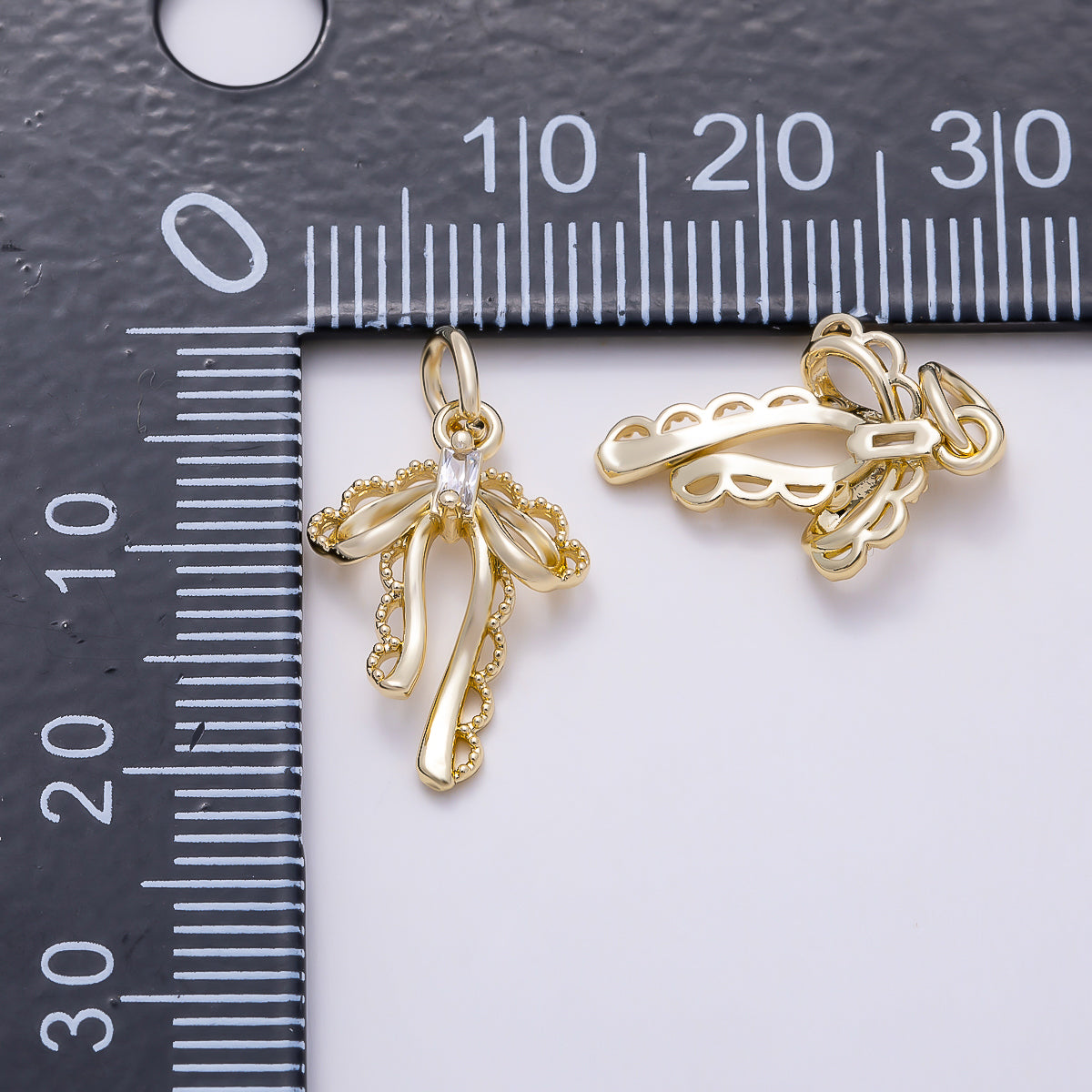16K Gold Filled 17mm Baguette CZ Vintage Coquette Draped Ribbon Charm | Charms-01618