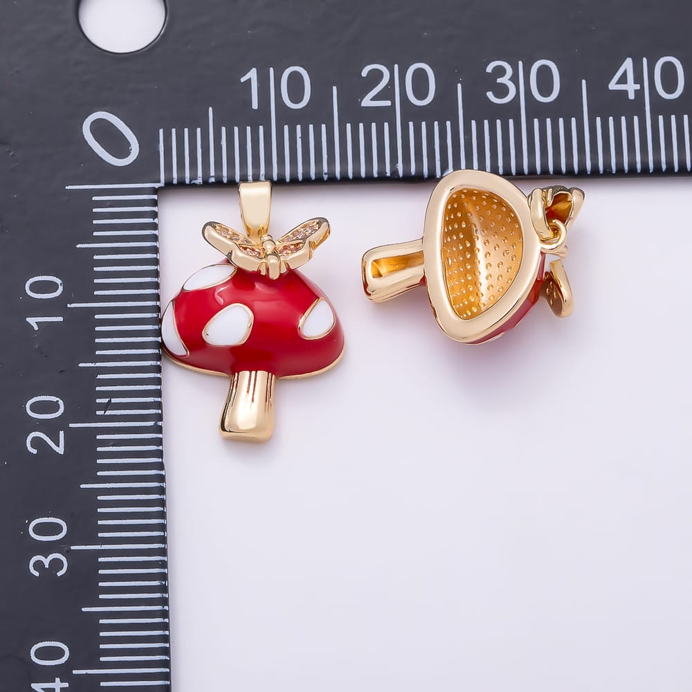 16K Gold Filled 17mm Micro Paved CZ Butterfly Red Enamel Mushroom Vegetable Pendant | Charms-02326