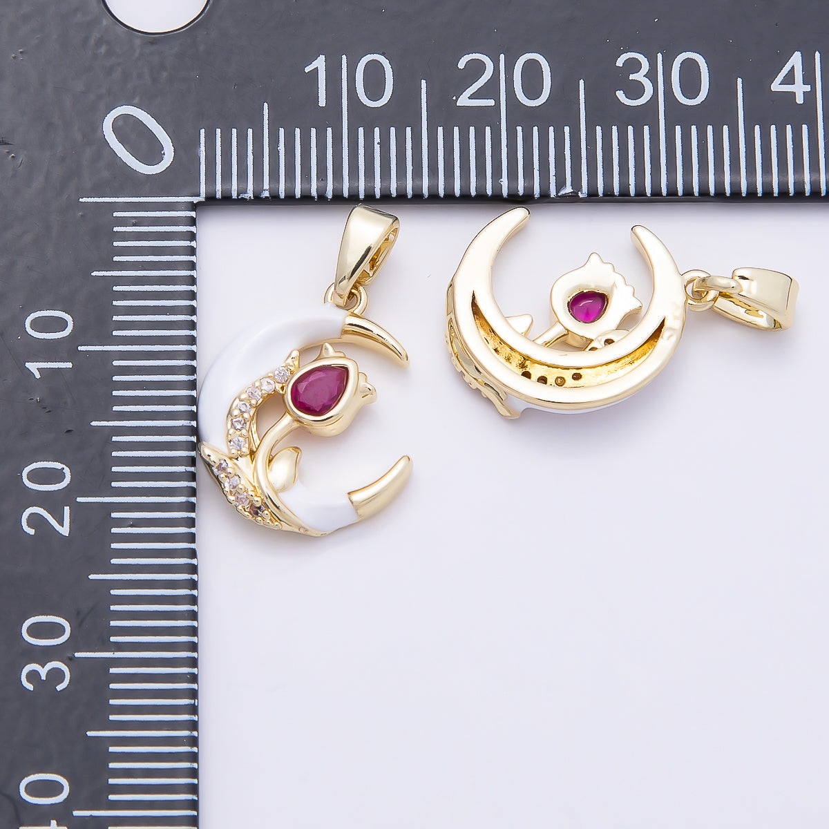 16K Gold Filled 17mm Fuchsia CZ Micro Paved Flower White Crescent Moon Pendant | Charms-00947