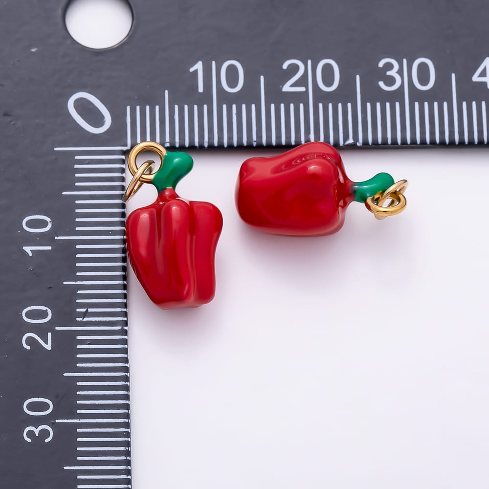 16K Gold Filled 17mm Red Green Enamel Bell Pepper Chili Vegetable 3D Multidimensional Charm | Charms-02237