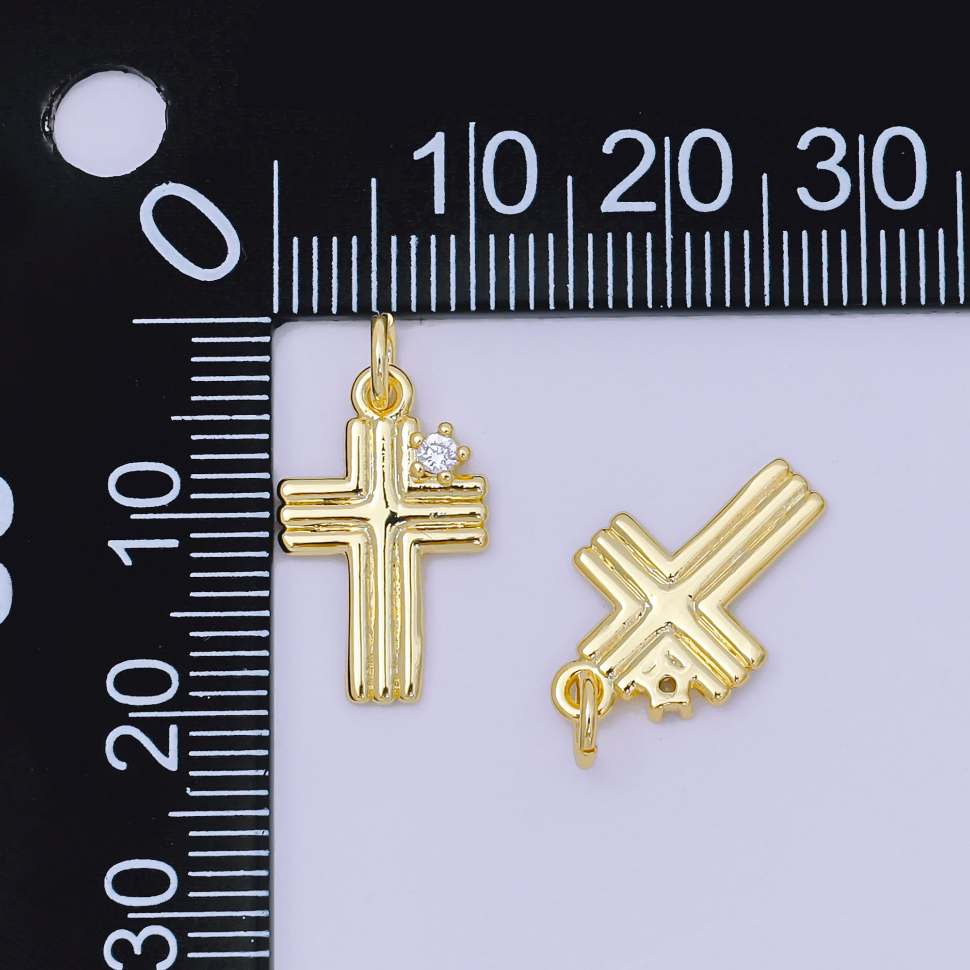 24K Gold Filled 17mm Round Clear CZ Groovy Holy Cross Christian Charm | AH-639