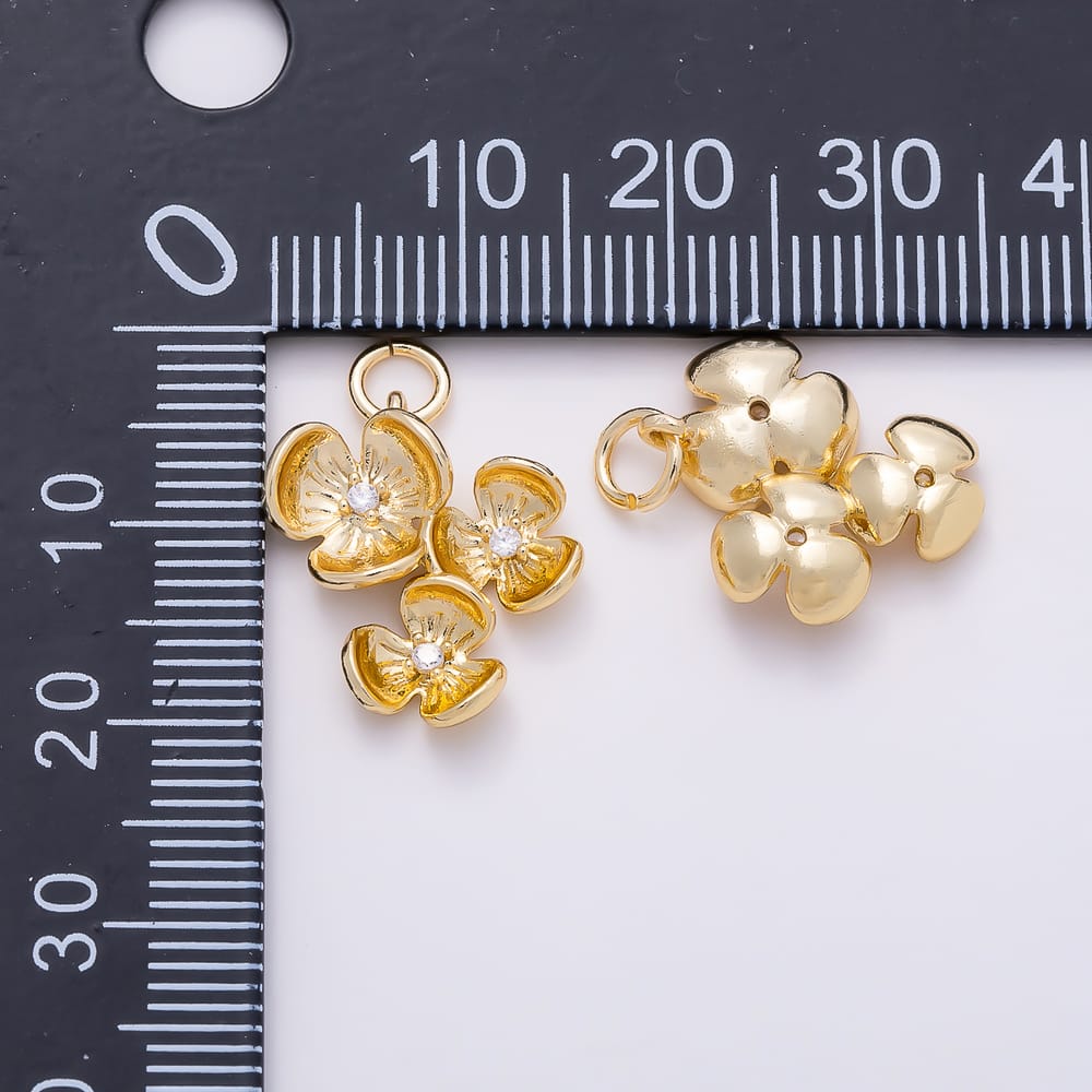 16K Gold Filled 17mm Triple Clear CZ Lined Petal Flower Round 3D Multidimensional Charm | Charms-02398