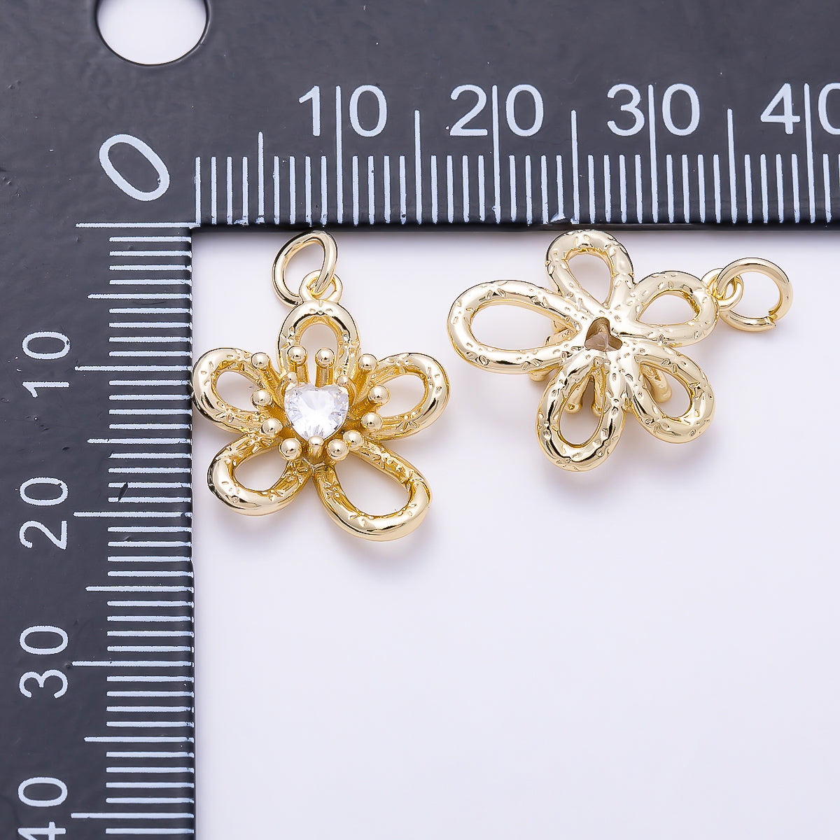 16K Gold Filled 17mm Heart CZ Textured Openwork Flower Charm | Charms-01636