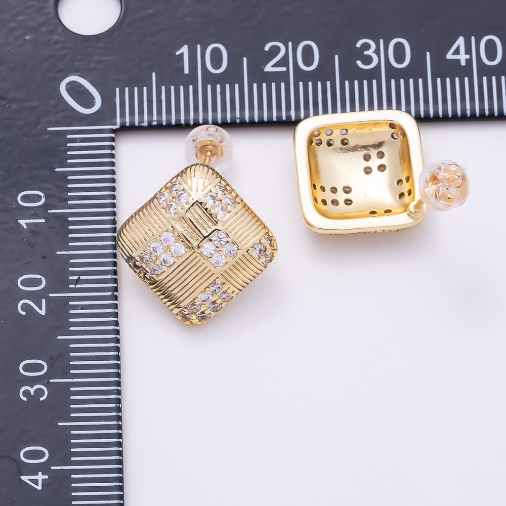 16K Gold Filled 17mm Micro Paved CZ Textured Rhombus Grid Stud Earrings| Earrings-00926