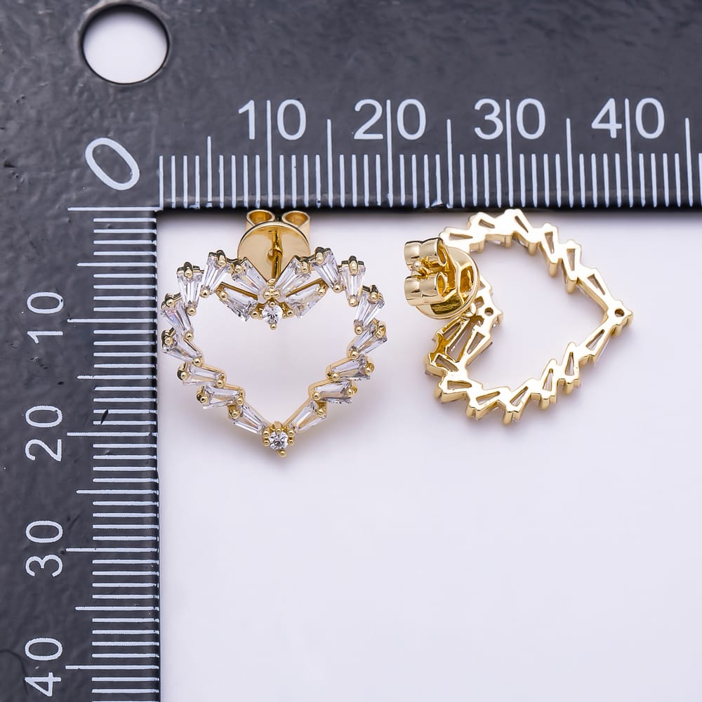 16K Gold Filled 18mm Clear Baguette CZ Open Heart Stud Earrings| Earrings-00874 - Earrings-00875