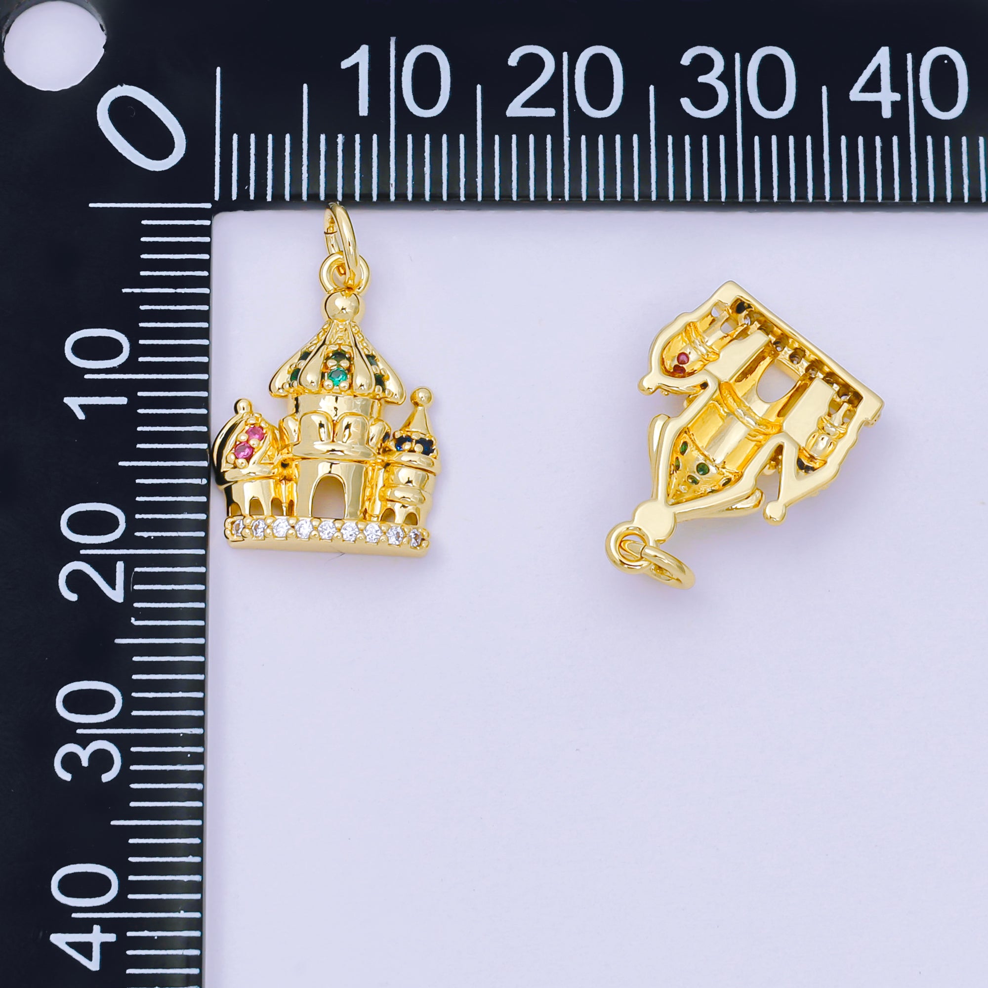 24K Gold Filled 17mm Pink, Green, & Blue CZ Luxe Dreamy Castle Charm | AH-680