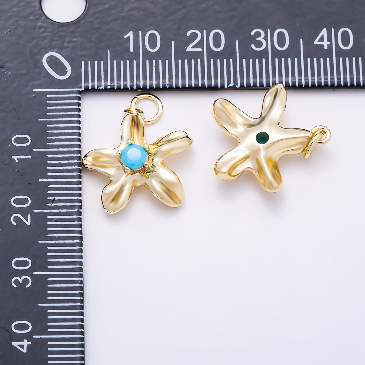 16K Gold Filled 17mm Turquoise CZ Organic Five Petals Flower Charm | Charms-01859 - Charms-01860