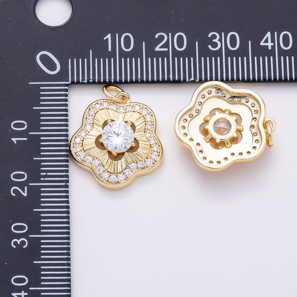 16K Gold Filled 17mm Clear Micro Paved CZ Ribbed Sunburst Flower Charm in Gold & Silver | Charms-02292 Charms-02293