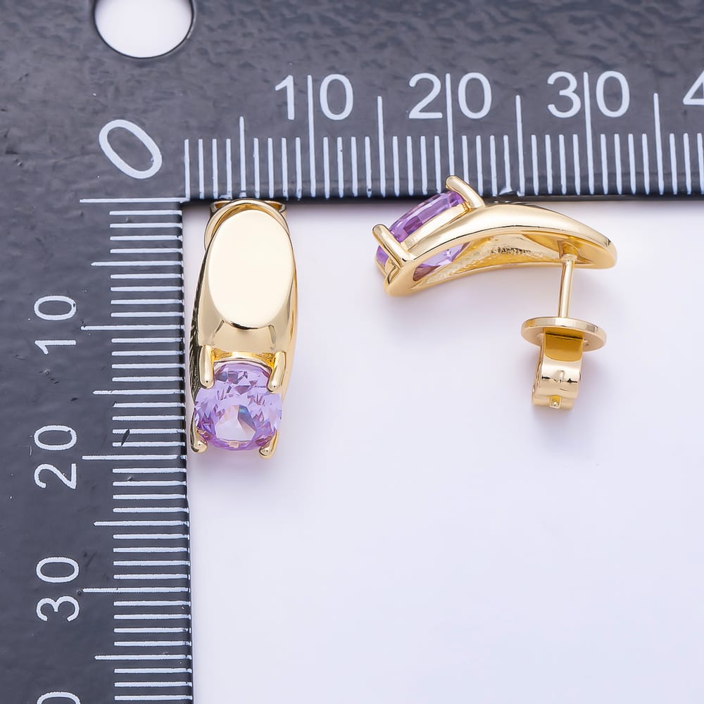 16K Gold Filled 17mm Clear, Purple, Red CZ Oval CZ Geometric J-Shaped Hoop Earrings | Earrings-01060 ~ Earrings-01062