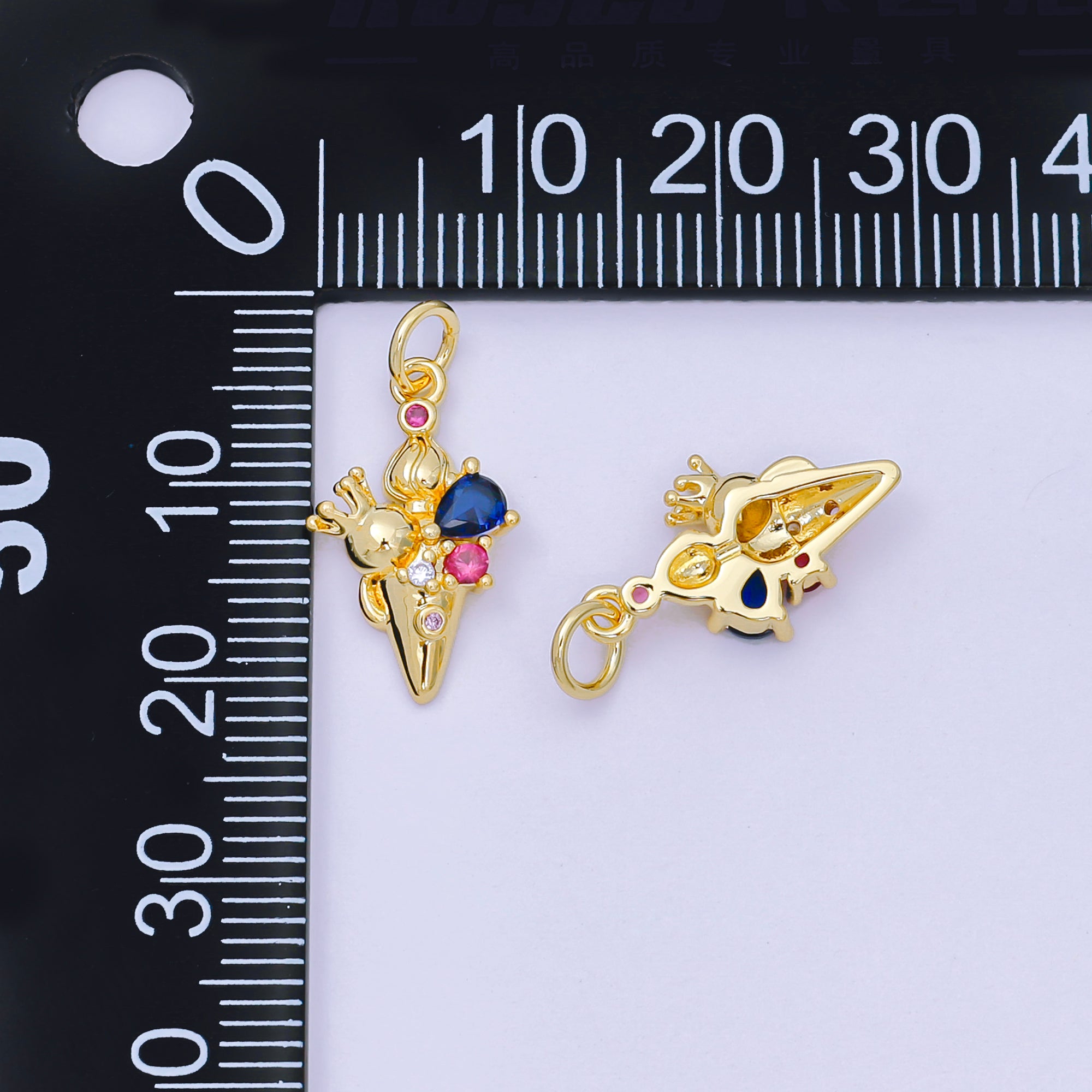 24K Gold Filled 17mm Blue & Fuchsia CZ Palace Theme Crown Ice Cream Charm | D-284