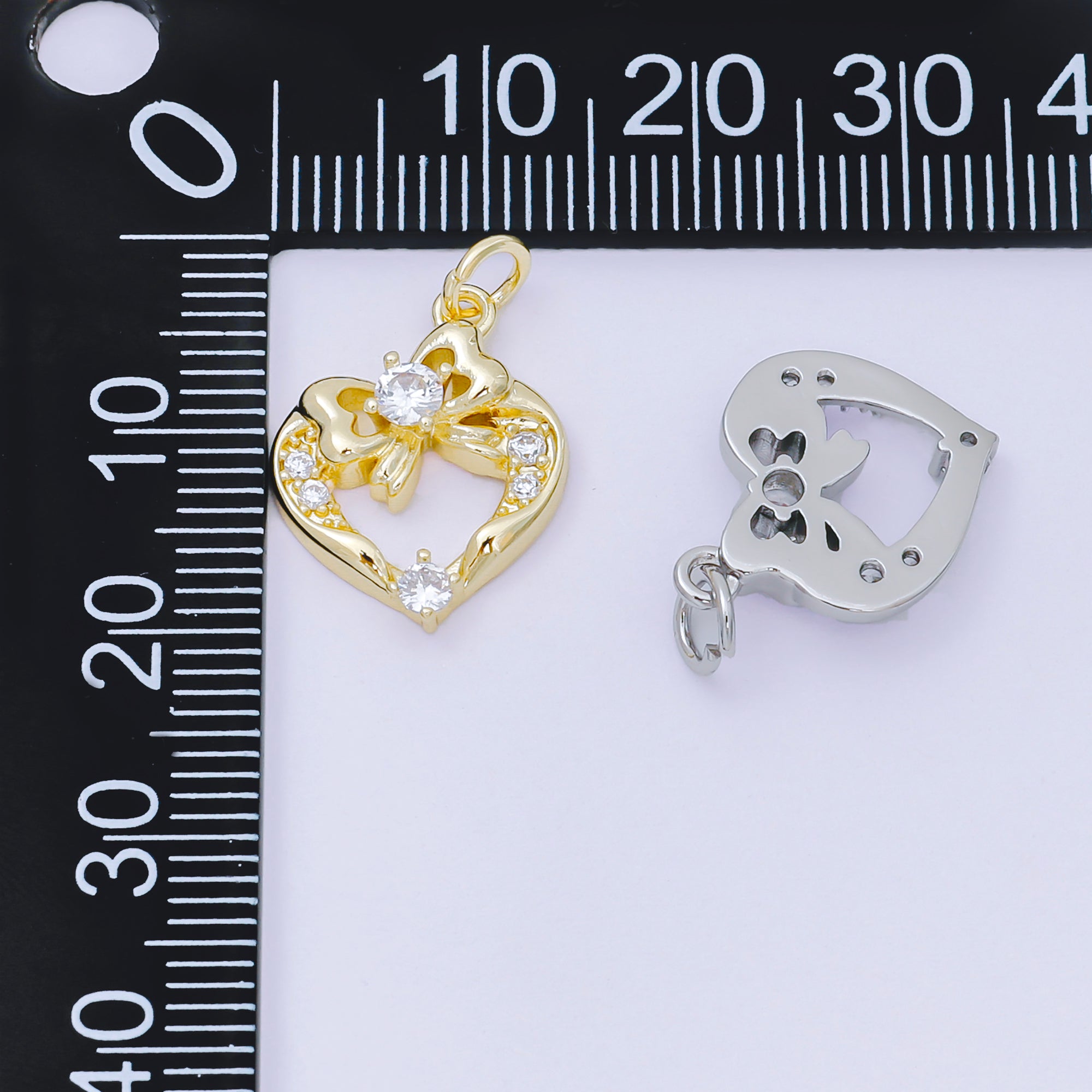 24K Gold Filled 17.5mm Micro Paved CZ Ribbon Bow Open Heart Charm in Gold & Silver | AJ472