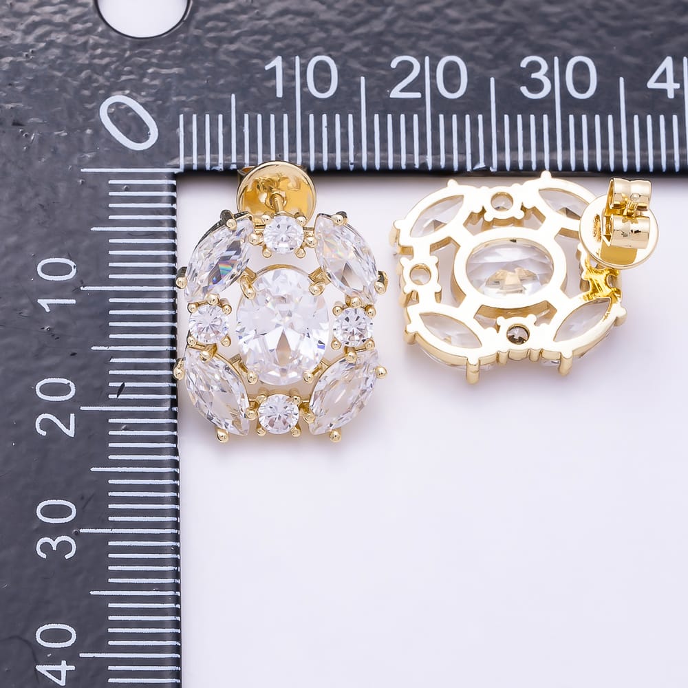 16K Gold Filled 17mm Oval & Marquise CZ Floral Cluster Stud Earrings in Gold & Silver | Earrings-00886 - Earrings-00887