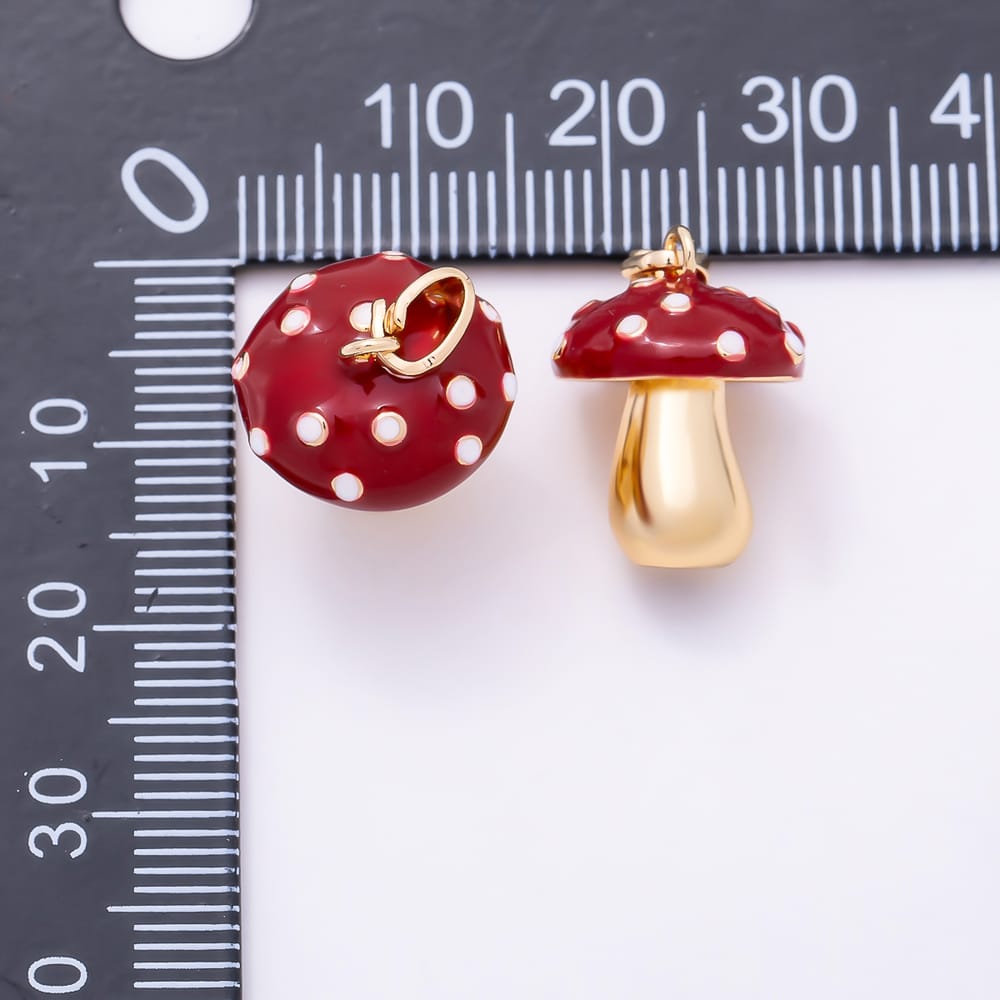 16K Gold Filled 17mm White Dotted Red Enamel Mushroom Vegetable Pendant | Charms-02322