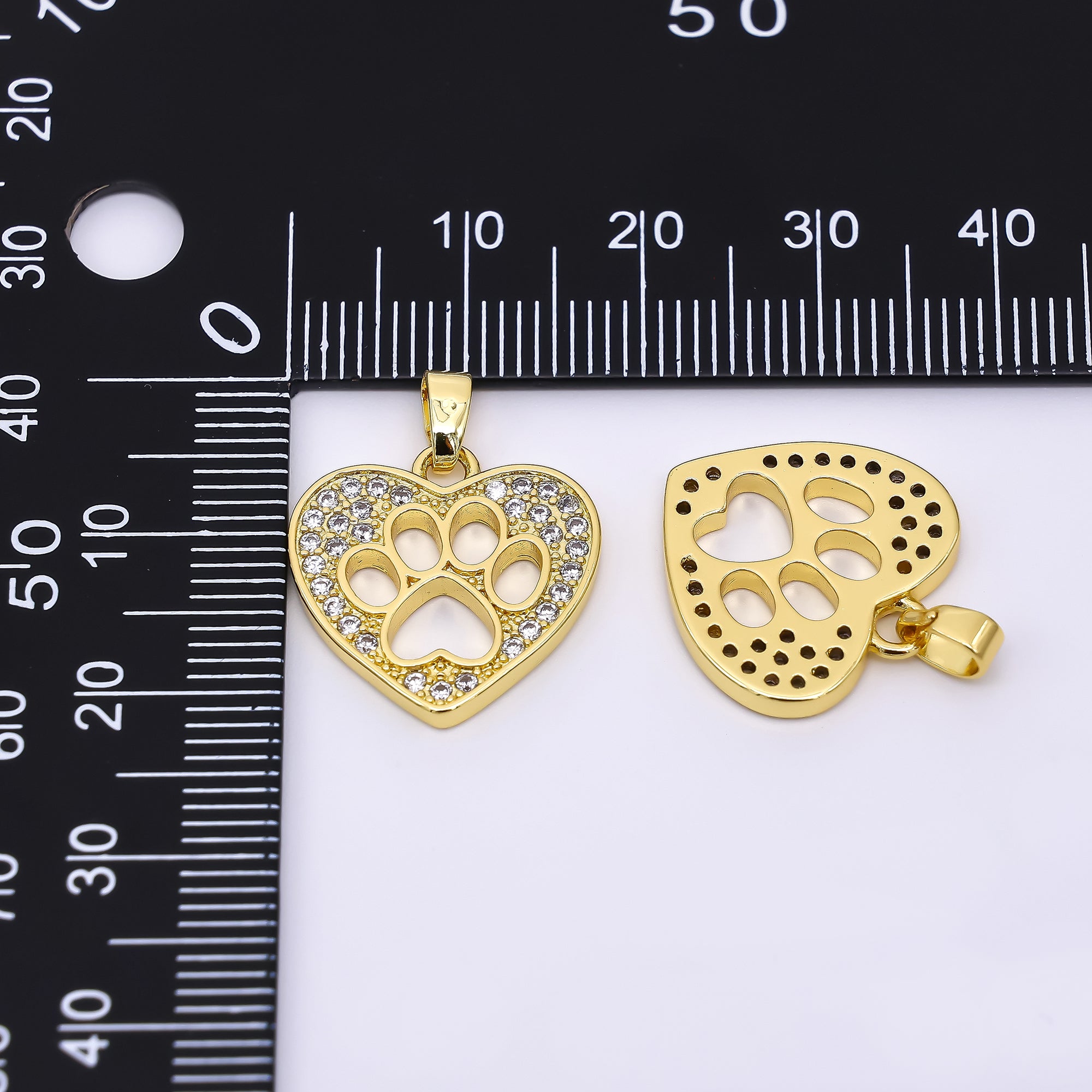24K Gold Filled 17.5mm Micro Paved CZ Heart Dog Paw Charm Pets Pendant | AH-541