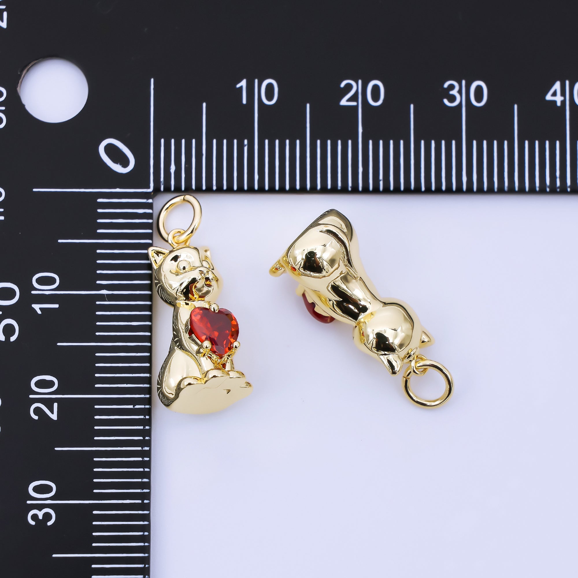 24K Gold Filled 17.5mm Red Heart-Shaped CZ Kitty Cat Pet Charm | AJ398