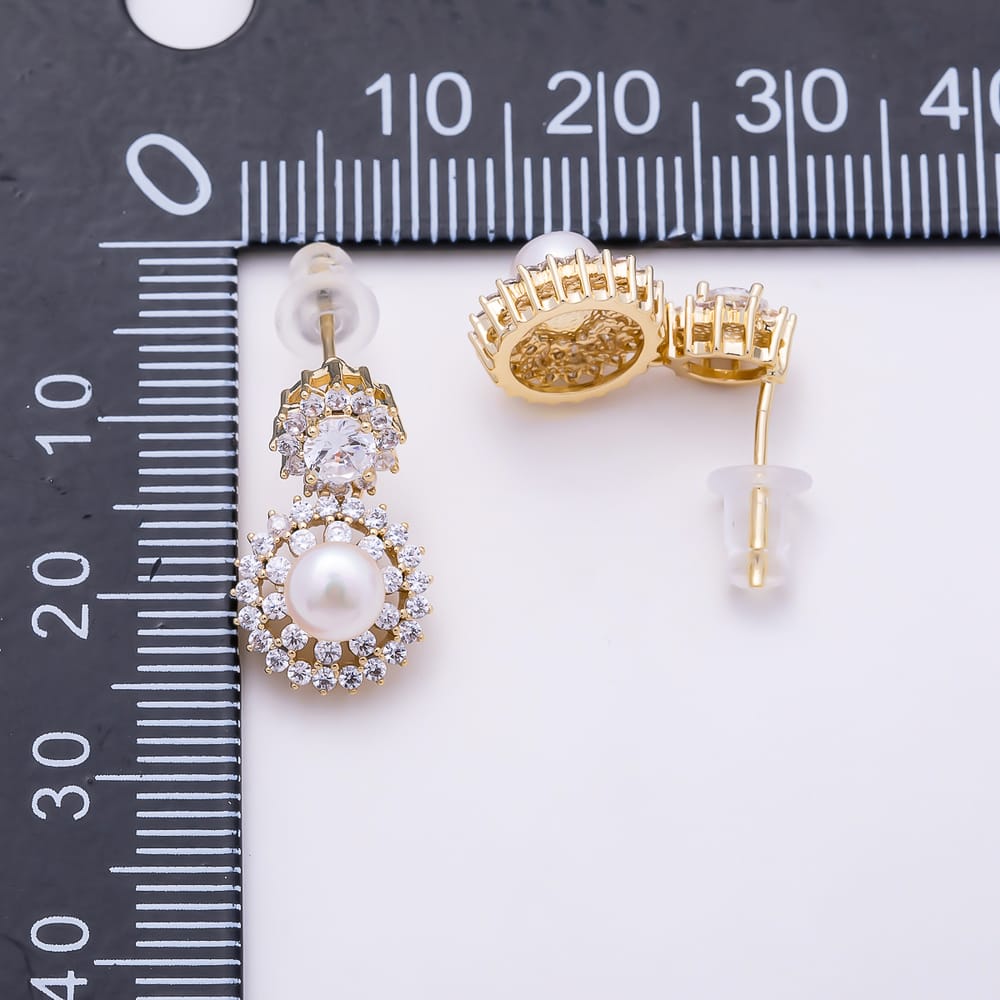 16K Gold Filled 18mm Clear CZ Shell Pearl Round Drop Stud Earrings in Gold & Silver | Earrings-01017 Earrings-01018