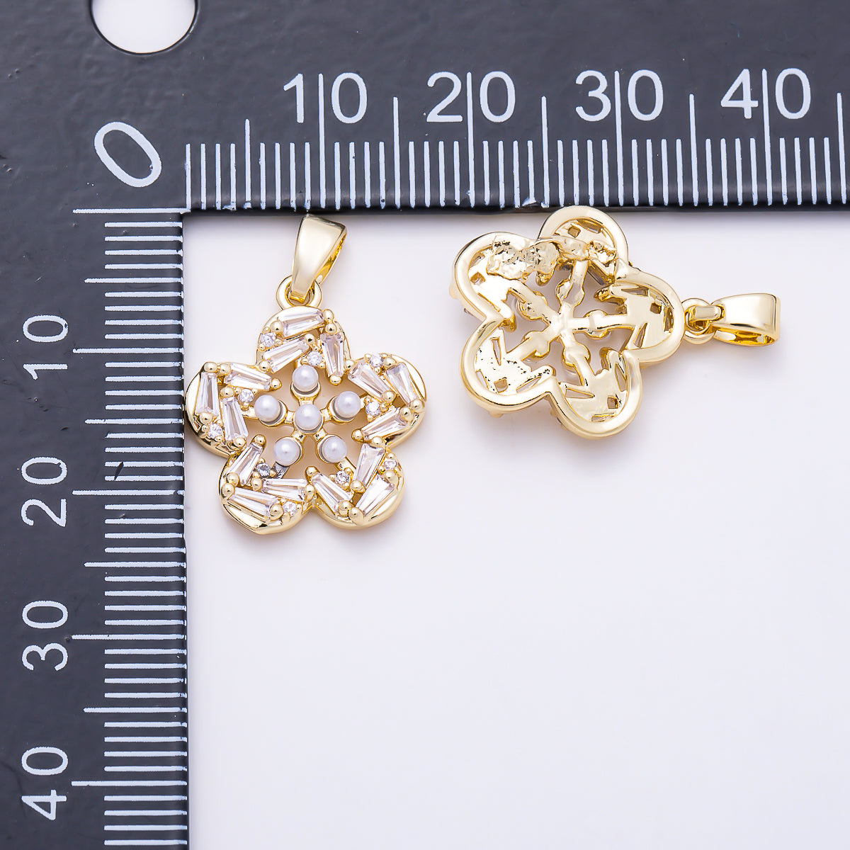 16K Gold Filled 18mm Baguette CZ & Shell Pearl Five Petal Flower Pendant | Charms-01847 - Charms-01848